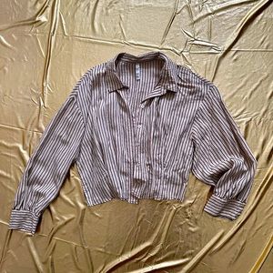 Nude and black pinstripe crop button front shirt